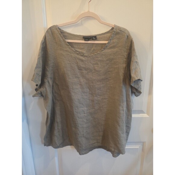TAHARI Army Green‎ 100% Linen Short Sleeve Hi-Low Hem Minimalist Top Size 2X - Picture 1 of 6